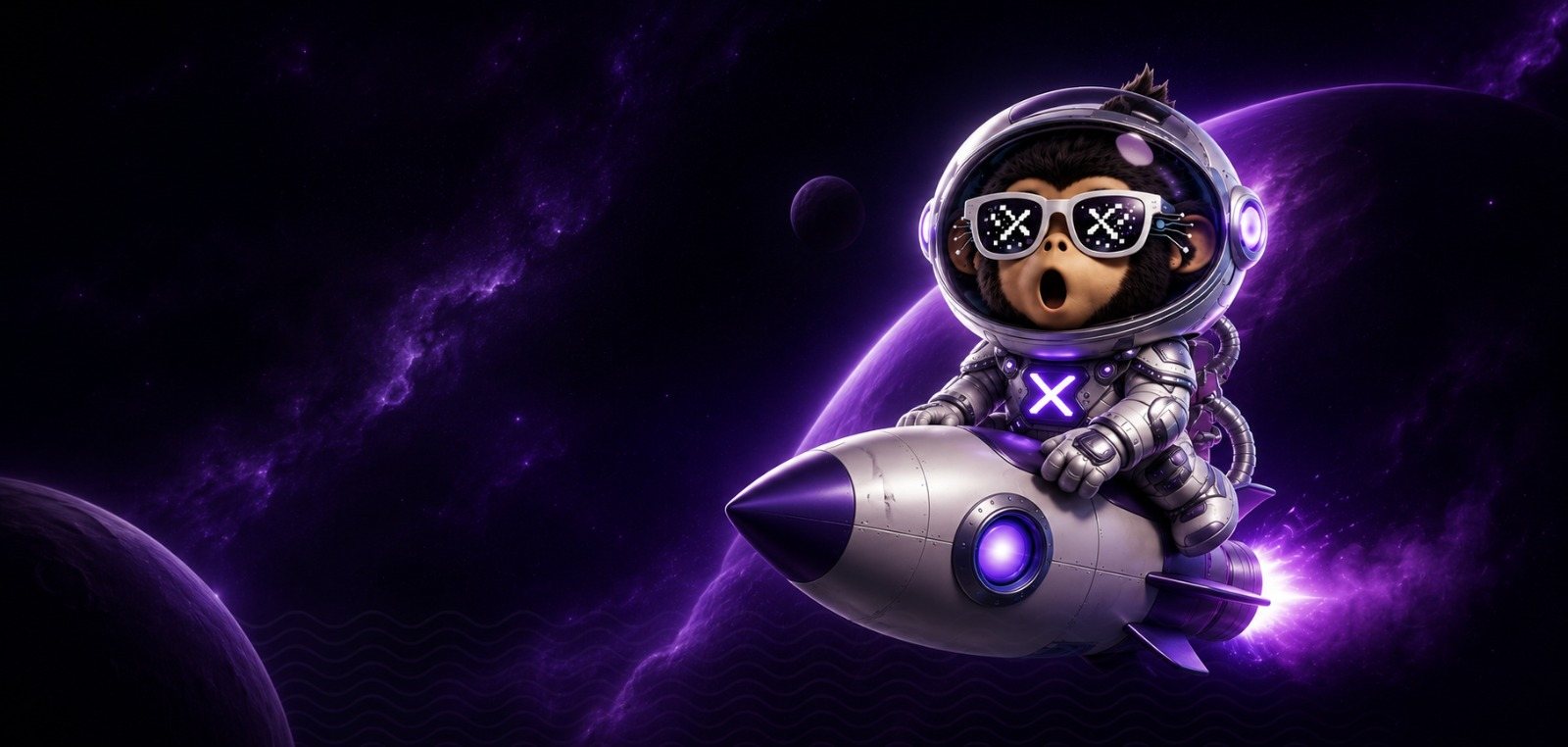 Mascote astronauta da Nexxus pilotando um foguete no espaço