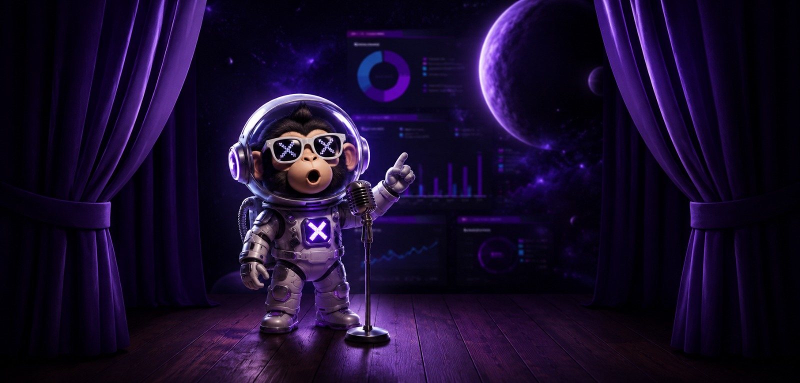 Mascote da Nexxus no palco com microfone e painéis de resultados de marketing